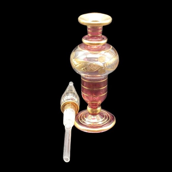 Egyptian Hand Blown Glass Perfume Bottle Cranberry  Clear W/ Gold Trim 5.5" - Picture 3 of 4